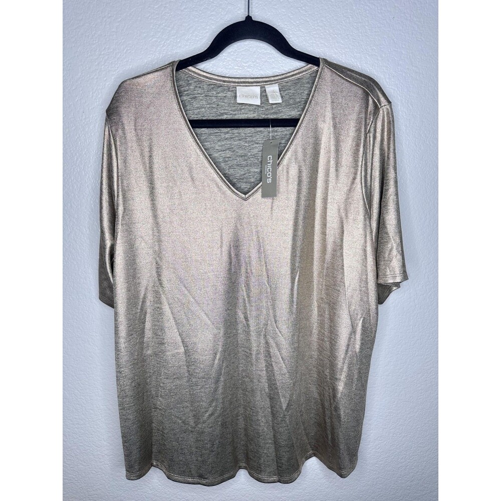 NEW Chico's Blouse Womens 3 US XL Gold Metallic V Neck Short Sleeve Stretch Tee